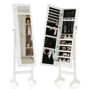 EDX Freestanding Full-Length Mirror Jewelry Cabinet, 3 Angle Adjustable Large Jewelry Armoire Organizer with Makeup Storage, White