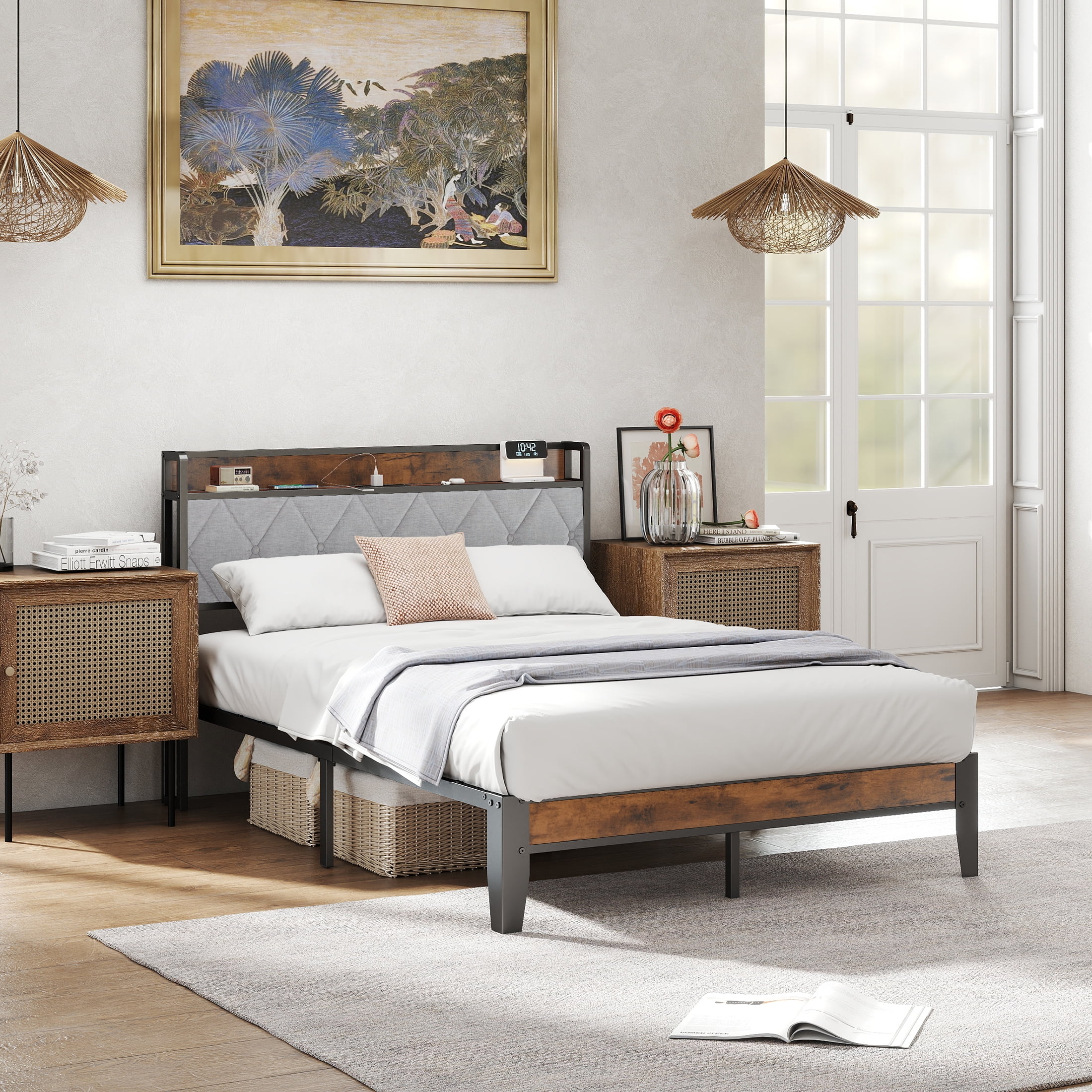 EDX Full Bed Frame with Headboard Integrated Charging Station, Spacious Underbed Storage, Simple No-Tool Assembly,  No Box Spring Required