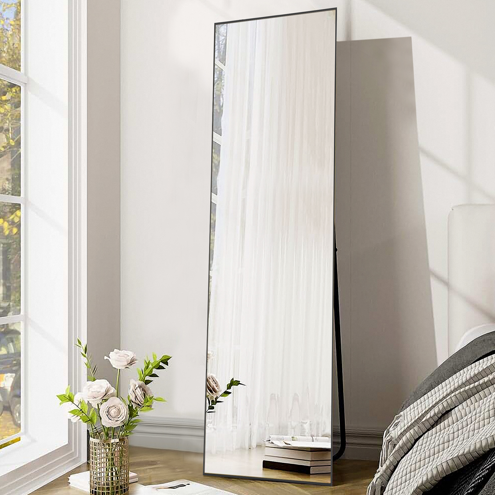 Framed Black Floor Free Standing Mirror with Easel 16"x57" by Gallery