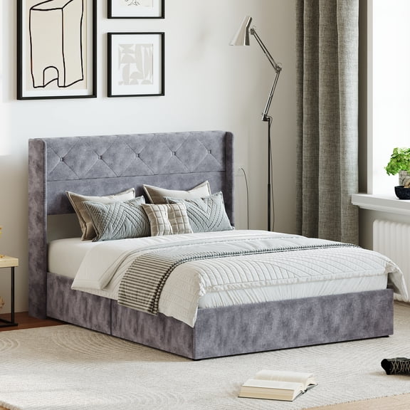 EDX Full Size Bed Frame, Lift Up Storage Bed with Modern Wingback Headboard & Hydraulic Support, No Box Spring Needed,Gray&Blue