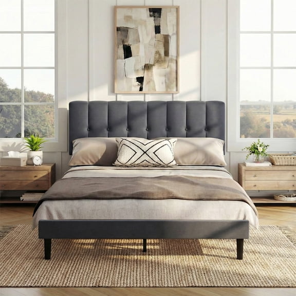 EDX Full Size Platform Bed Frame, Fully Upholstered Mattress Foundationwith Fabric Upholstered Headboard and Wooden Slats Support, No Box Spring Needed, Grey