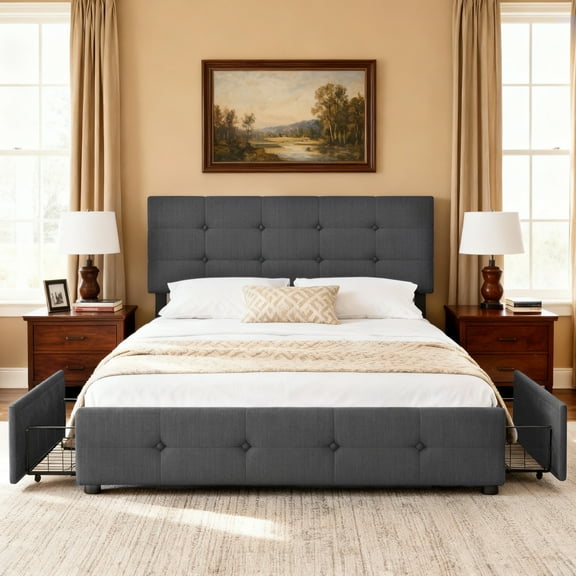 edx Full Bed Frame with 4 Storage Drawers, Velvet Upholstered Platform Bed with Adjustable Headboard, No Box Spring, Noise-Free, Easy Assembly, Gray