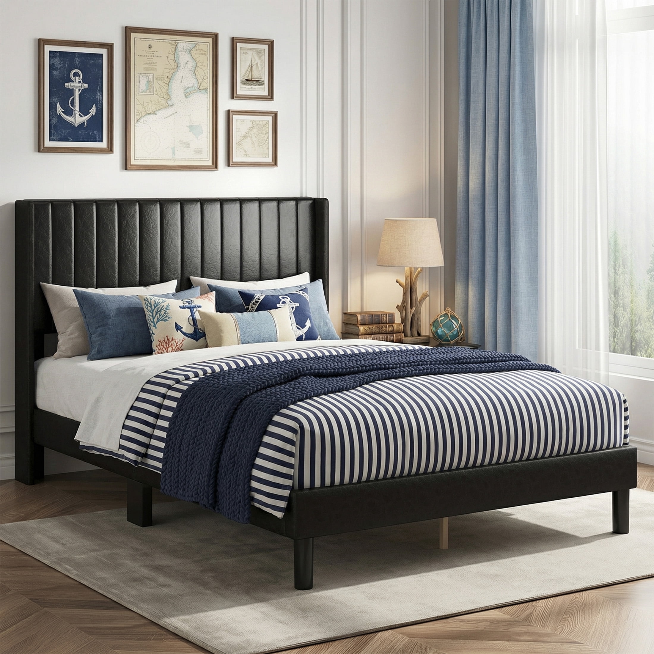 EDX Full Size Upholstered Platform Bed Frame with Padded Wingback Headboard, Modern Accent Bedroom Furniture, Black PU Leather