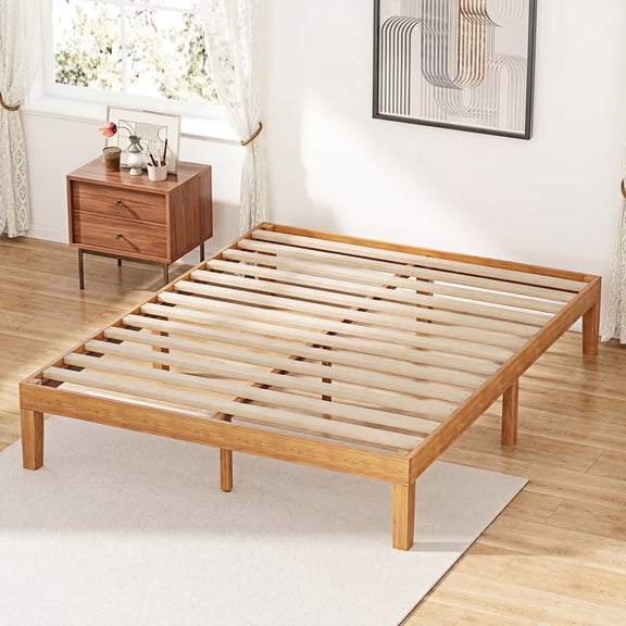 EDX Full Size Wood Bed Frame, No Spring Needed, 12in Wooden Platform Bed Frame Mattress Foundation with Support Slats, Natural Pine