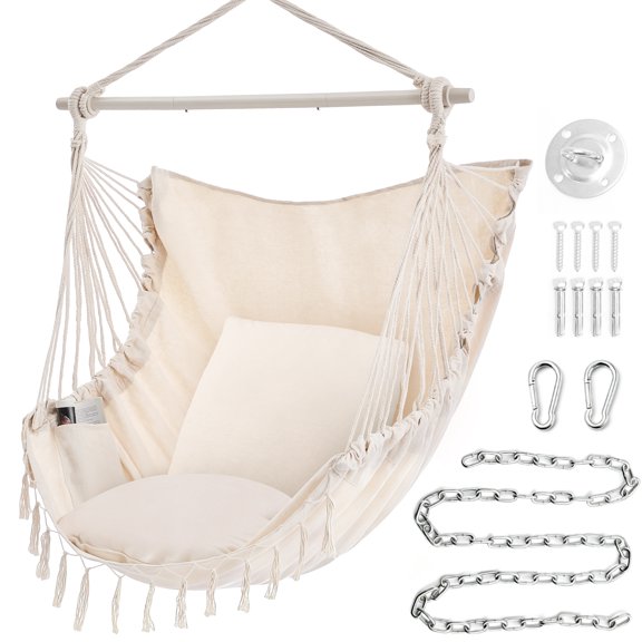EDX Hammock Chair Hanging Rope Swing, Max 500 Lbs, 2 Cushions Included, Large Macrame Hanging Chair with Pocket for Superior Comfort & Hardware Kit, Beige