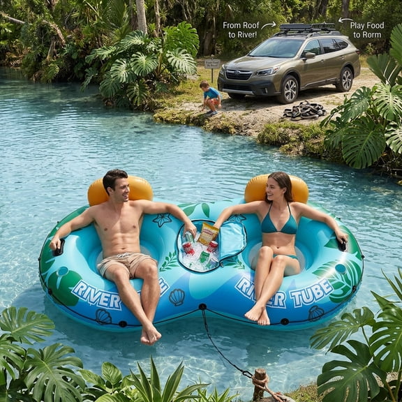 EDX Heavy-Duty 2-Person Inflatable River Raft for Adults,Floating Lounge with Cooler, 2 Cup Holders, Cool Mesh Bottom, Handles & Connectable Hook, Quick-Release Valve, UV- and Puncture-Resistant PVC