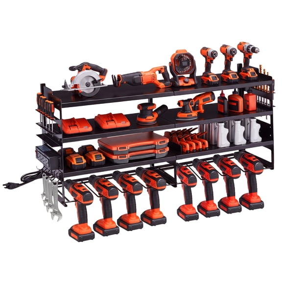 EDX Heavy Duty 4-Tier Power Tool Organizer Wall Mount, Garage Storage Rack with 8 Built-in Drill Holders and 4 AC Outlets, Ideal for Workshop, Tool Room, and Home Garage, 600 LBS Capacity, Black