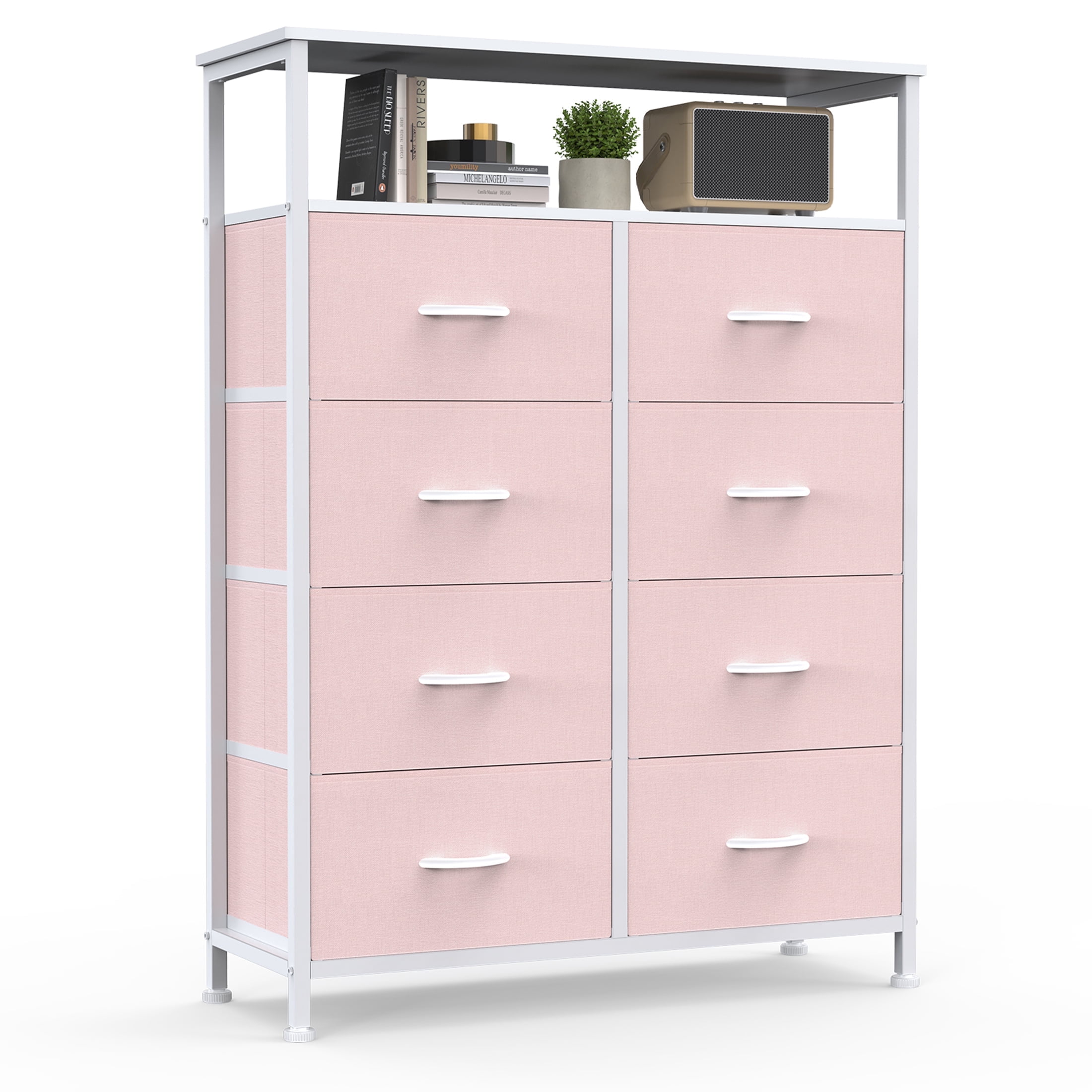 edx 8 Drawers Fabric Dresser, Clothes Storing, Storage Tower Organizer TV Stand, for Bedrooms, Wardrobes, Entryways, and Living Rooms, Pink