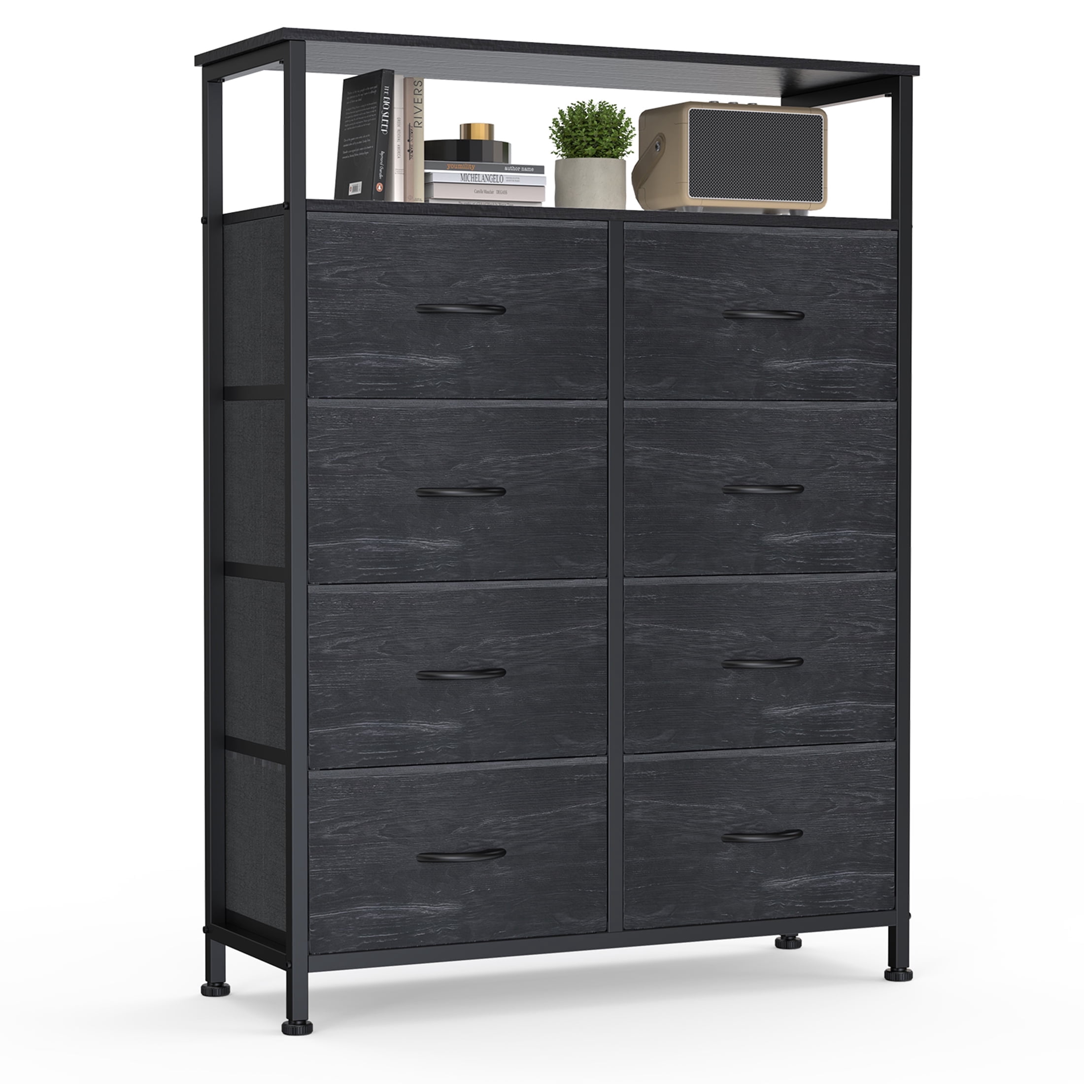 edx 8 Drawers Fabric Dresser, Clothes Storing, Storage Tower Organizer TV Stand, for Bedrooms, Wardrobes, Entryways, and Living Rooms, WoodBlack