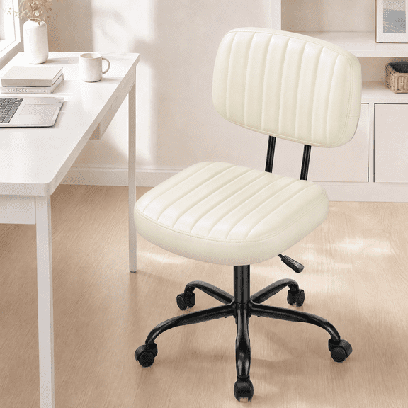 edx Adjustable Height Armless Office Desk Chair with Wheels, PU Leather Mid Back 360°Swivel Small Computer Chair, Modern Task Chair for Home Office Reading Meeting Room, White