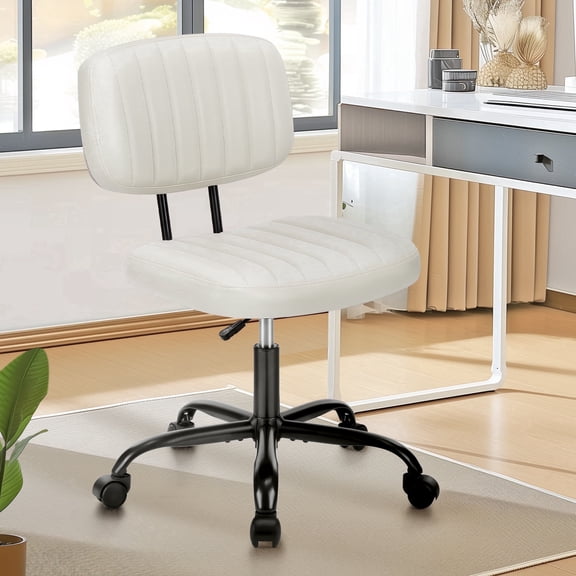 edx Adjustable Height Armless Office Desk Chair with Wheels, PU Leather Mid Back 360°Swivel Small Computer Chair, Modern Task Chair for Home Office Reading Meeting Room, White