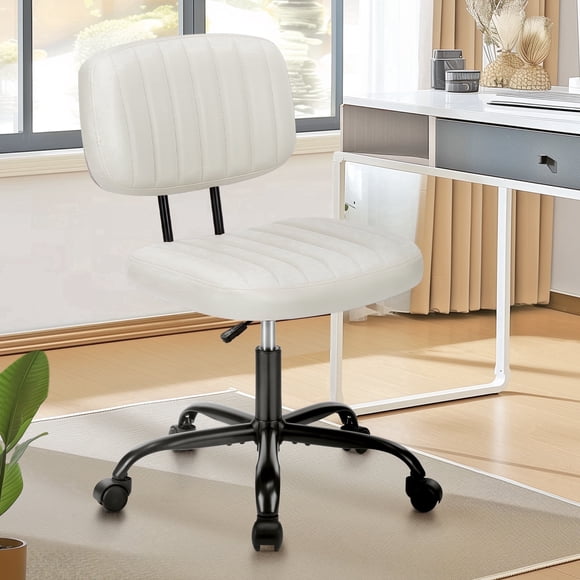 edx Adjustable Height Armless Office Desk Chair with Wheels, PU Leather Mid Back 360°Swivel Small Computer Chair, Modern Task Chair for Home Office Reading Meeting Room, White