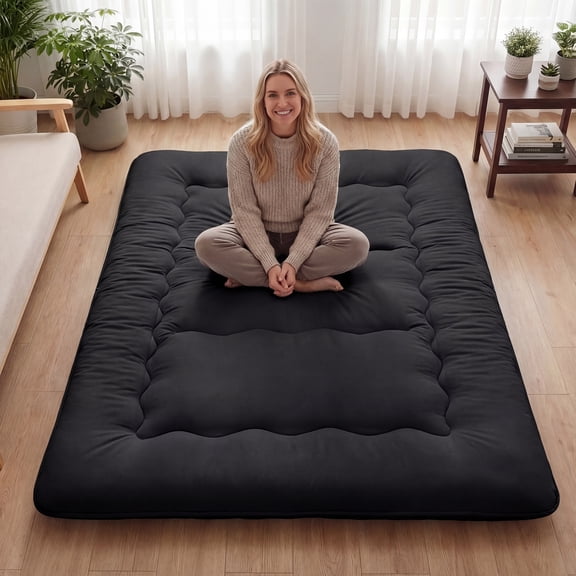 EDX Japanese Floor Futon Mattress Toppers, Foldable Tatami Mat, Thick Sleeping Mattress Pad with Storage Bag & Dust Cover, Black, Queen