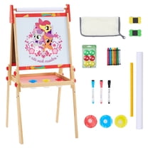 edx Kids Art Easel for 3 Years Old, Adjustable Wooden Double-Sided Magnetic Chalkboard & Whiteboard with Paper Roll Holder, Toddler Drawing Easel Gift for Boys & Girls, RED