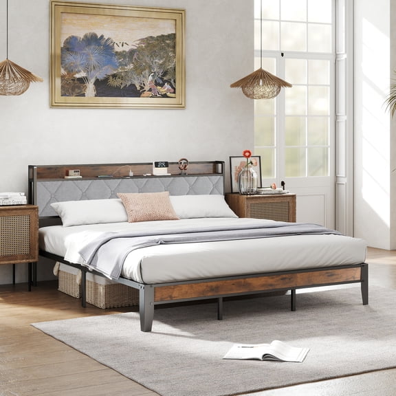 EDX King Bed Frame with Headboard Integrated Charging Station, Spacious Underbed Storage, Simple No-Tool Assembly,  No Box Spring Required