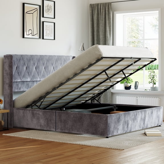 EDX King Size Bed Frame, Lift Up Storage Bed with Modern Wingback Headboard & Hydraulic Support, No Box Spring Needed,Gray&Blue