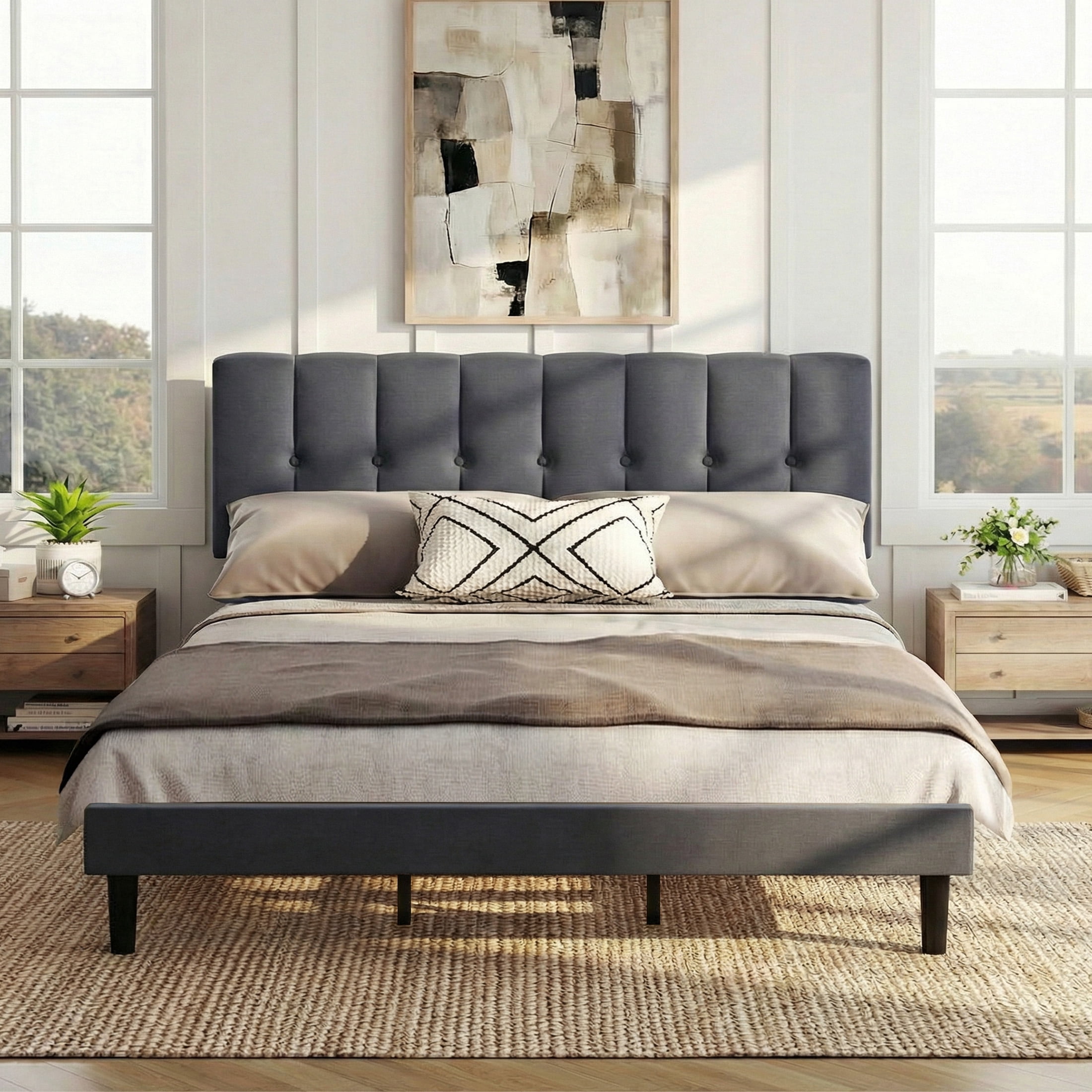 EDX King Size Platform Bed Frame, Fully Upholstered Mattress Foundationwith Fabric Upholstered Headboard and Wooden Slats Support, No Box Spring Needed, Grey