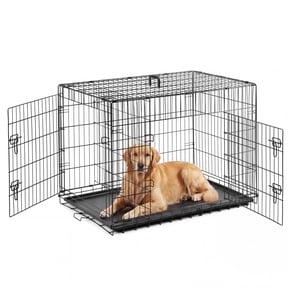 EDX Large Dog Crate with Divider Panel, 42" Double Door Folding Metal Wire Dog Cage with Plastic Leak-Proof Pan Tray