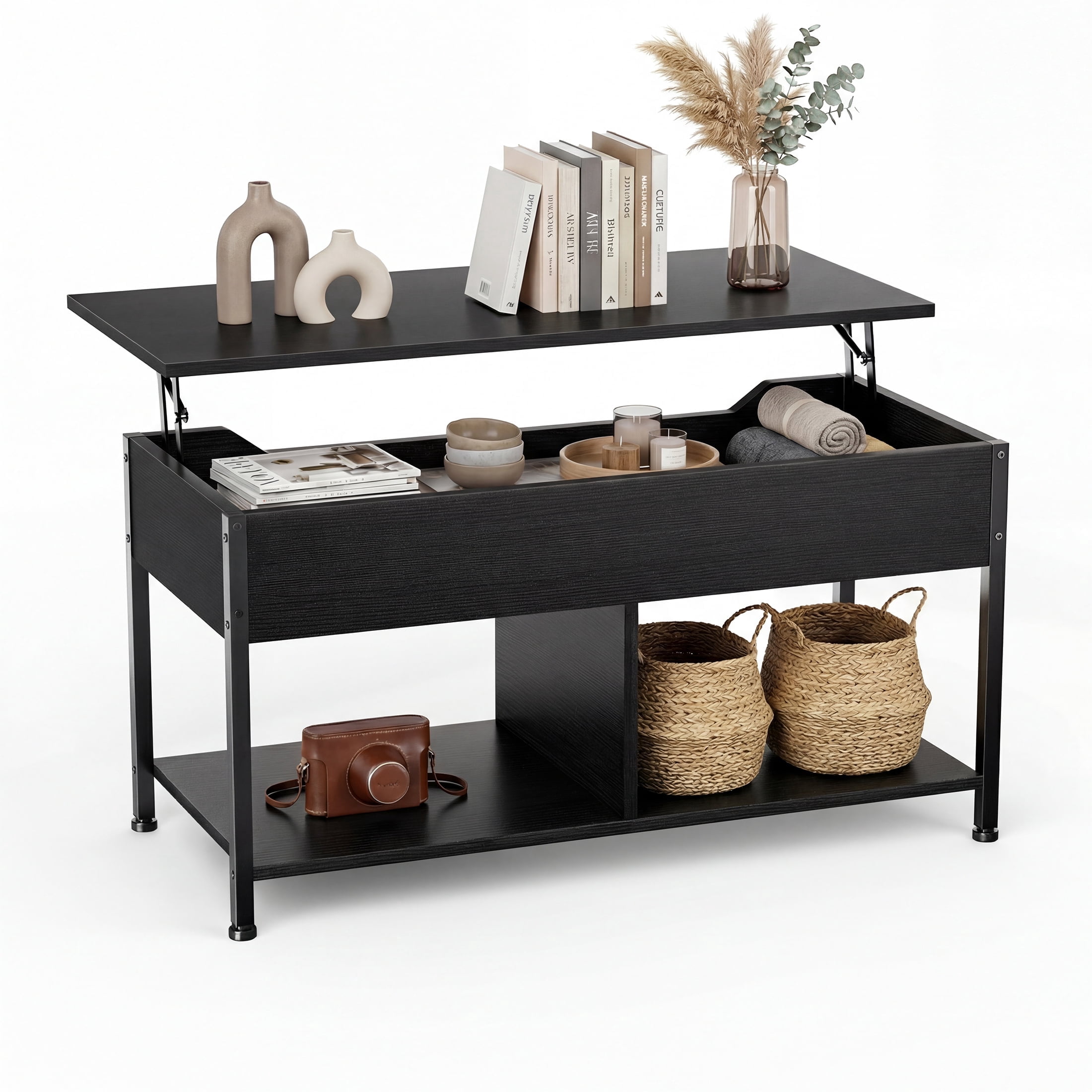 EDX Lift-Top Coffee Table , Adjustable Height Convertible Center Table with Storage, for Living Room, Black