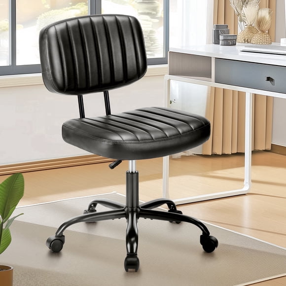 edx Adjustable Height Armless Office Desk Chair with Wheels, PU Leather Mid Back 360°Swivel Small Computer Chair, Modern Task Chair for Home Office Reading Meeting Room, Black