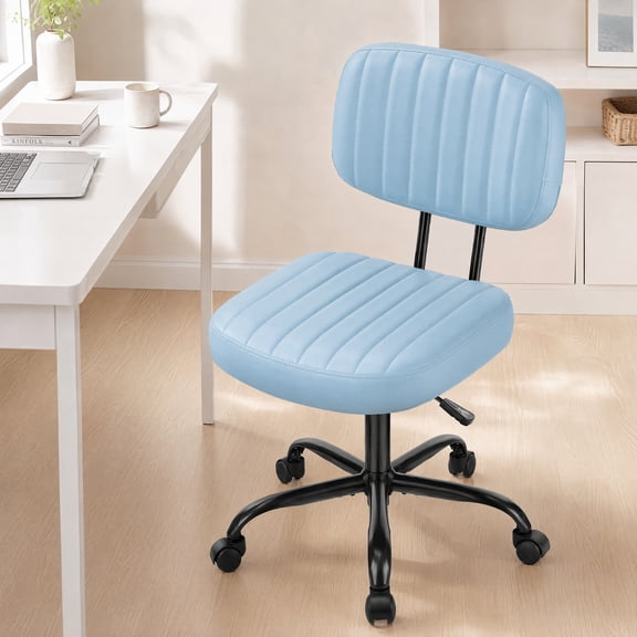 edx Adjustable Height Armless Office Desk Chair with Wheels, PU Leather Mid Back 360°Swivel Small Computer Chair, Modern Task Chair for Home Office Reading Meeting Room, Blue