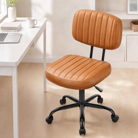 edx Adjustable Height Armless Office Desk Chair with Wheels, PU Leather Mid Back 360°Swivel Small Computer Chair, Modern Task Chair for Home Office Reading Meeting Room, Brown