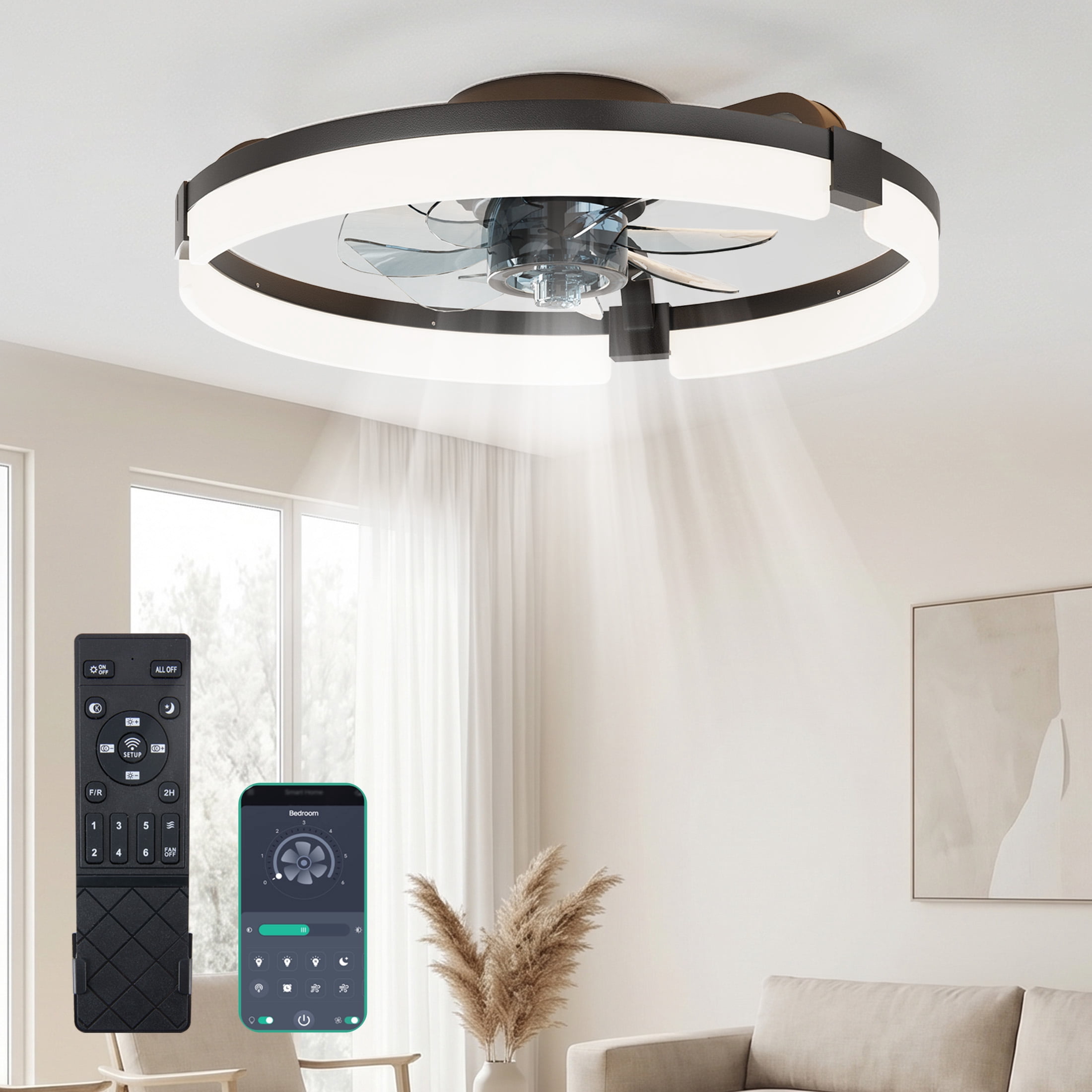 EDX Low-Profile Ceiling Fan with Light & Remote, Bluetooth App Control, Reversible Motor, Dimmable LED 3000K-6500K, Memory Function, 1-6H Timer, Quiet 44dB Flush Mount Fan