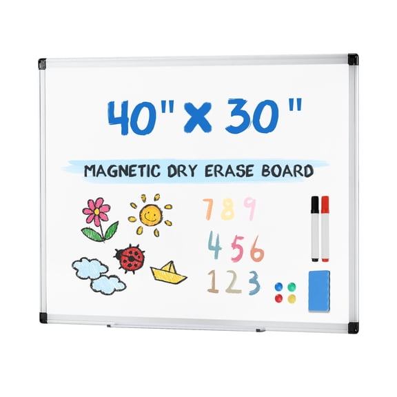 EDX Magnetic Dry Erase Board, 40 X 30 Inches, Two Mounting Options, Horizontal or Vertical，With Left and Right Removable Pen Tray, Silver Aluminium Frame, White