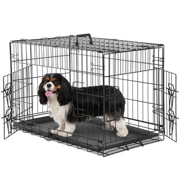EDX Medium Dog Crate with Divider Panel, 30 Inch Double Door Folding Metal Wire Dog Cage with Plastic Leak-Proof Pan Tray