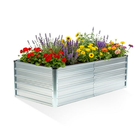 EDX Outdoor Metal Raised Garden Bed 6x3x2FT, Steel with Support Bars, Rust-Resistant Coating, Open Base for Drainage, Silver