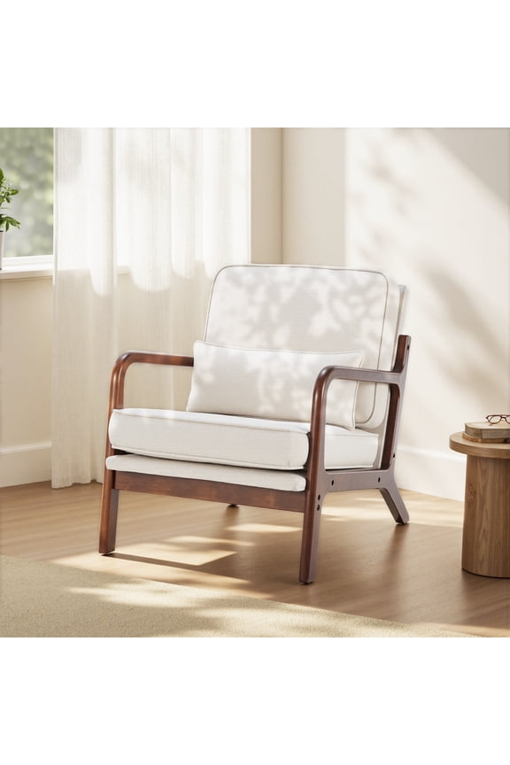 Mid Century Modern Accent Chair, Comfy Fabric Living Room Chairs with Solid Wood Frame, Lounge Reading Armchair, Easy Assembly