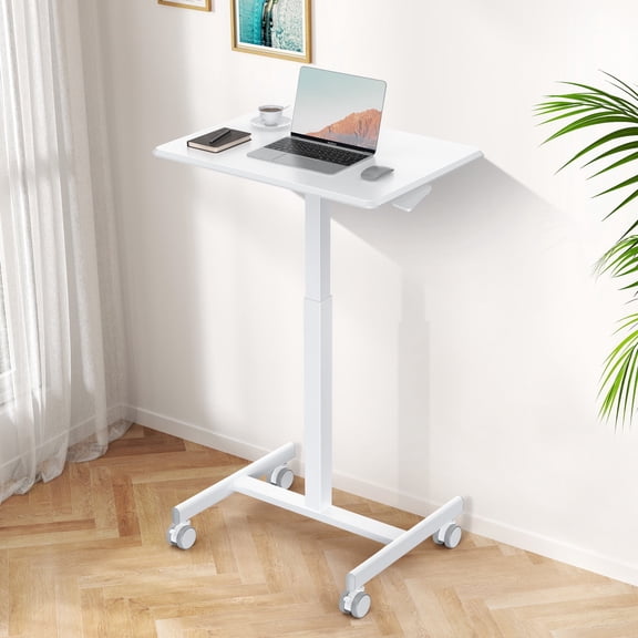 EDX Mobile Portable Standing Desk, Rolling Small Laptop Desk with Adjustable Height & Lockable Wheels , Table for Home Office, White