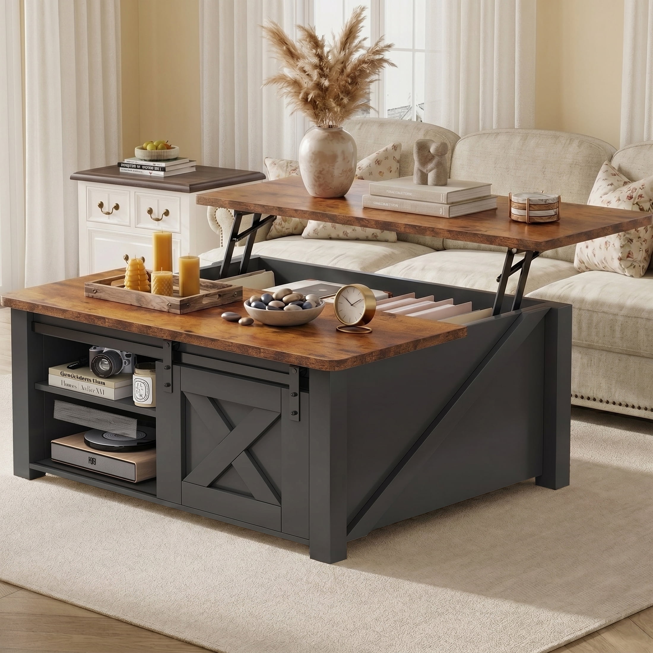 EDX Modern Lift Top Coffee Table with Hidden Storage & Adjustable Shelves, Square Farmhouse Center Table for Living Room, Black