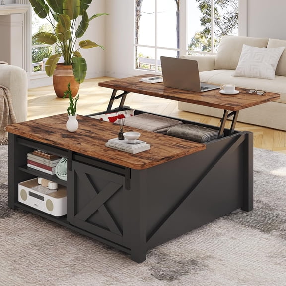 EDX Modern Lift Top Coffee Table with Hidden Storage & Adjustable Shelves, Square Farmhouse Center Table for Living Room, Black