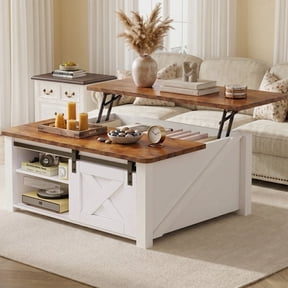EDX Modern Lift Top Coffee Table with Hidden Storage & Adjustable Shelves, Square Farmhouse Center Table for Living Room, White