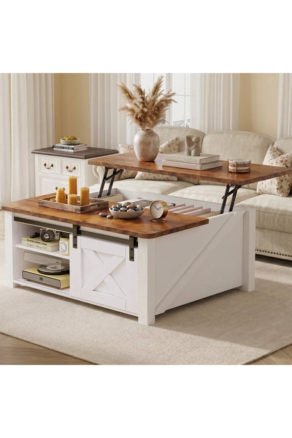 Modern Lift Top Coffee Table with Hidden Storage & Adjustable Shelves, Square Farmhouse Center Table for Living Room, White