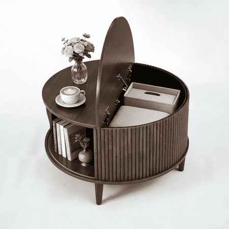 EDX Modern Round Coffee Table for Living Room, 31" Fluted Center Table with Sliding Doors Storage, Mid-Century Style for Small Spaces, Brown