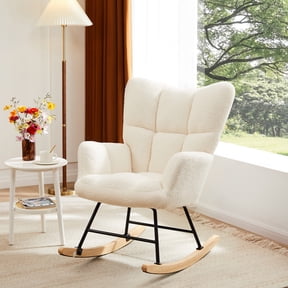 EDX Modern Rocking Chair, Teddy Upholstered Glider Rocker with High Backrest and Armrests for Living Room & Bedroom, Beige