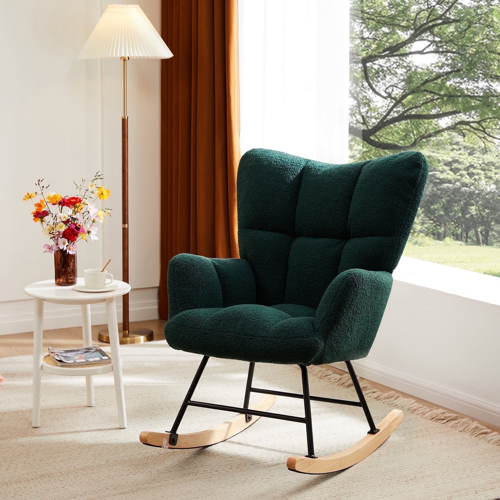 EDX Modern Rocking Chair, Teddy Upholstered Glider Rocker with High Backrest and Armrests for Living Room & Bedroom, Green