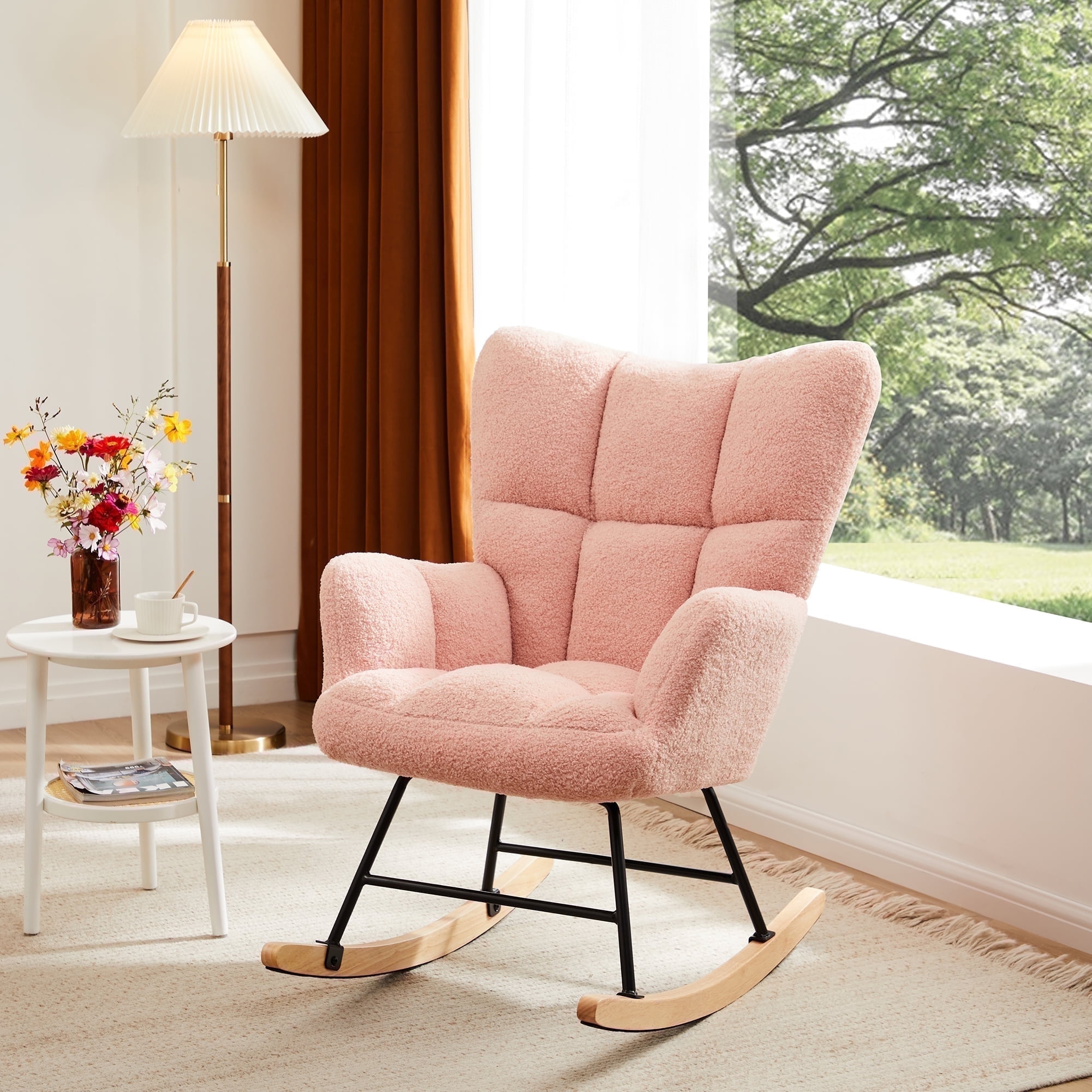 EDX Modern Rocking Chair, Teddy Upholstered Glider Rocker with High Backrest and Armrests for Living Room & Bedroom, Pink