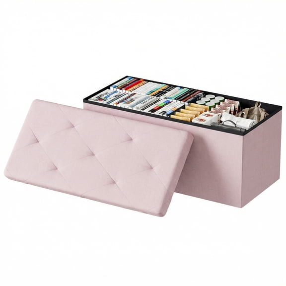 EDX Multi-functional 30 inch Folding Storage Ottoman Bench, End of Bed Foot Rest Stool with Padded Seat, Bedroom Bench for Living Room, Holds up to 660 Lbs, Pink