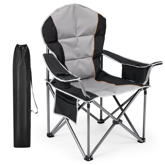 EDX Oversized Camping Folding Chair, Heavy Duty Padded Chair with Cup Holder Storage and Cooler Bag, 500 lbs Steel Frame, Portable for Outdoor,Black Gray