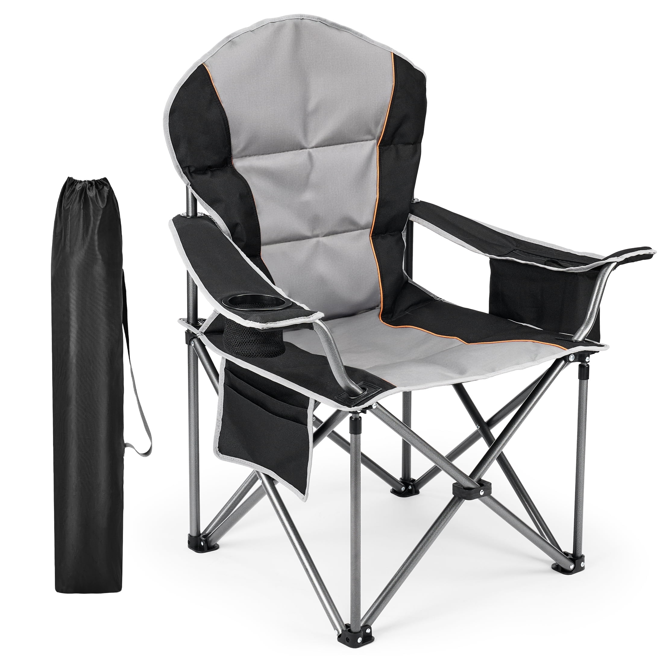 EDX Oversized Camping Folding Chair, Heavy Duty Padded Chair with Cup Holder Storage and Cooler Bag, 5000 LBS Steel Frame, Portable for Outdoor,Black Gray