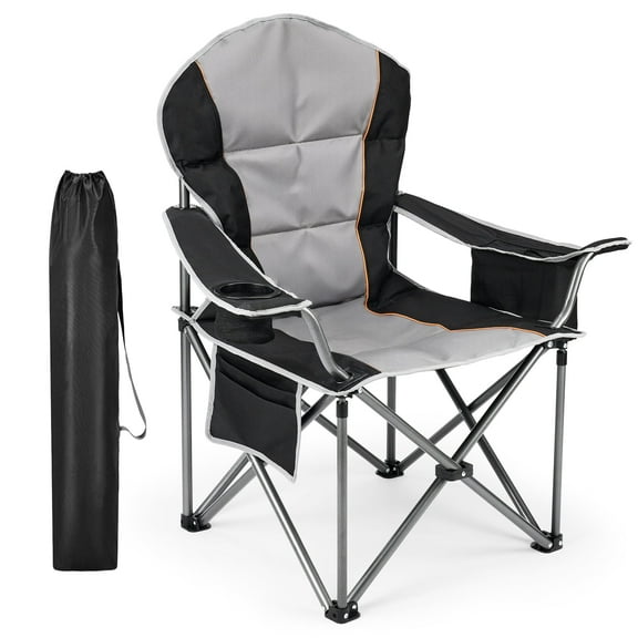 EDX Oversized Camping Folding Chair, Heavy Duty Padded Chair with Cup Holder Storage and Cooler Bag, 5000 LBS Steel Frame, Portable for Outdoor,Black Gray