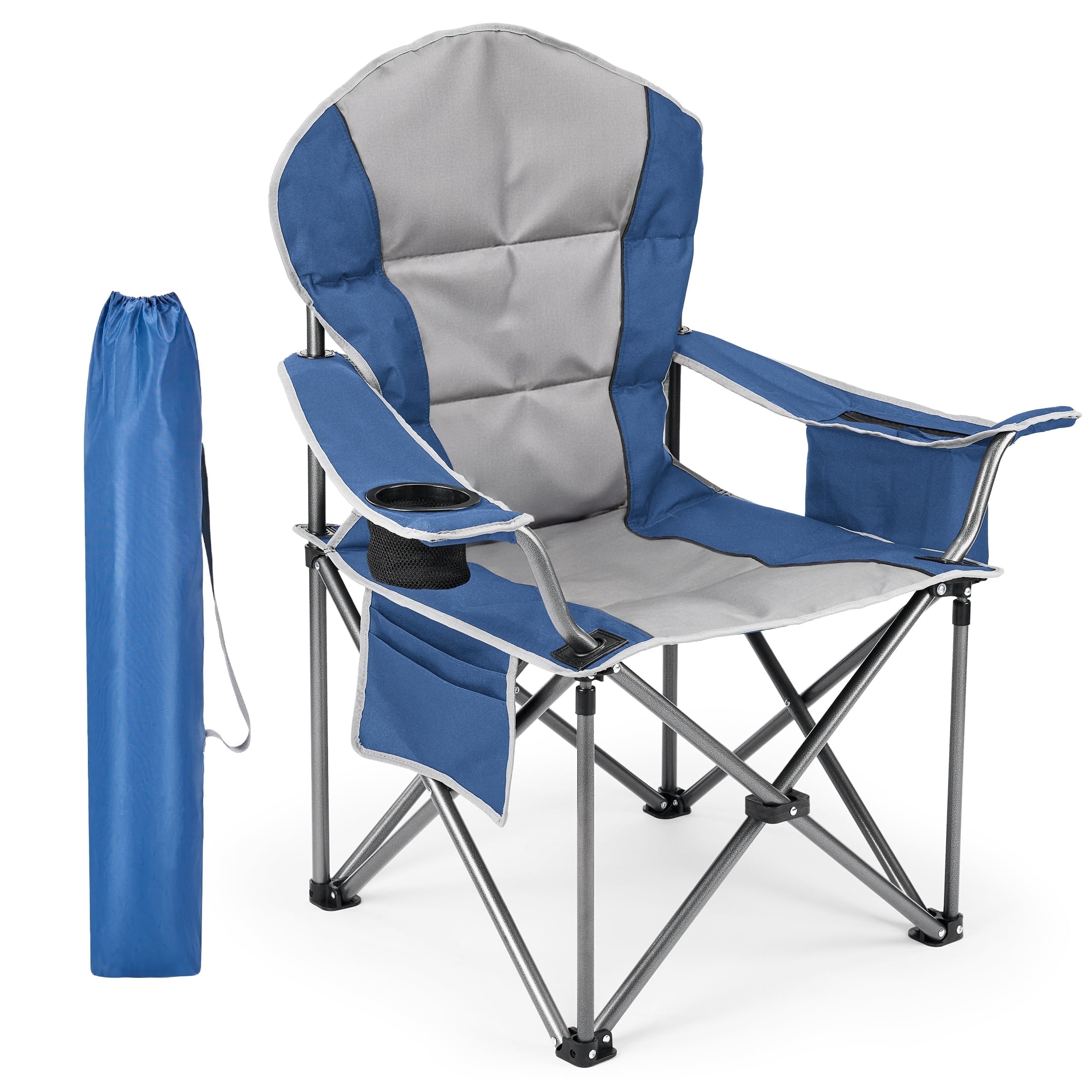 EDX Oversized Camping Folding Chair, Heavy Duty Padded Chair with Cup Holder Storage and Cooler Bag, 500 lbs Steel Frame, Portable for Outdoor,Blue Gray
