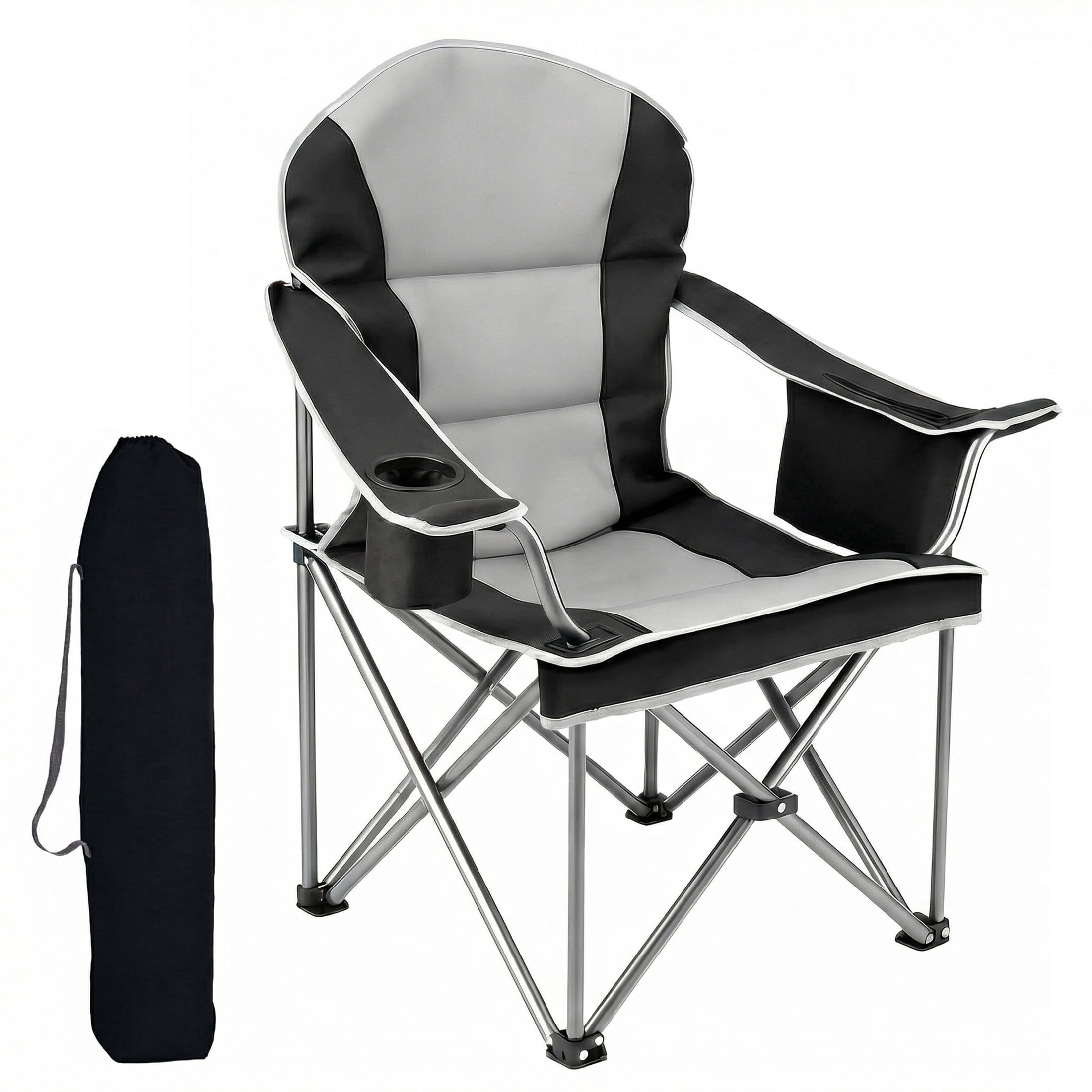 EDX Heavy Duty Camping Chair 500 lb Capacity, Oversized Extra Wide for Adults, Padded High Back Folding Lawn Chair, 500 lbs Steel Frame, Portable Outdoor Camping Chair with Cup Holder, Black Gray