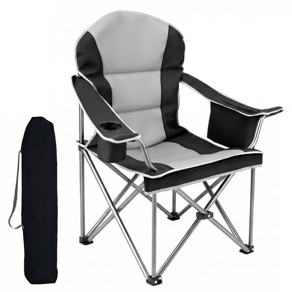 EDX Heavy Duty Camping Chair 500 lb Capacity, Oversized Extra Wide for Adults, Padded High Back Folding Lawn Chair, 500 lbs Steel Frame, Portable Outdoor Camping Chair with Cup Holder, Black Gray