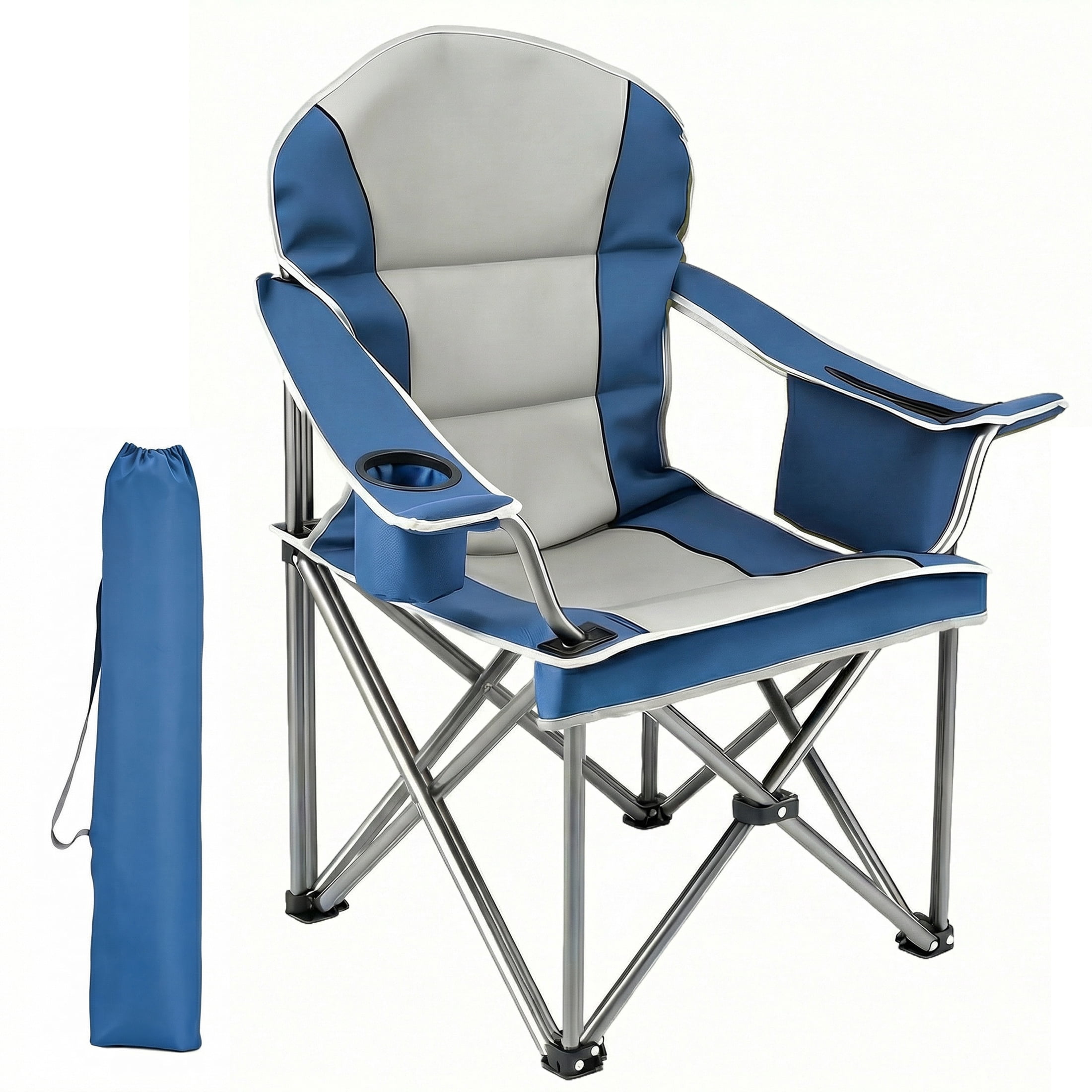 EDX Heavy Duty Camping Chair 500 lb Capacity, Oversized Extra Wide for Adults, Padded High Back Folding Lawn Chair, 500 lbs Steel Frame, Portable Outdoor Camping Chair with Cup Holder, Blue Gray