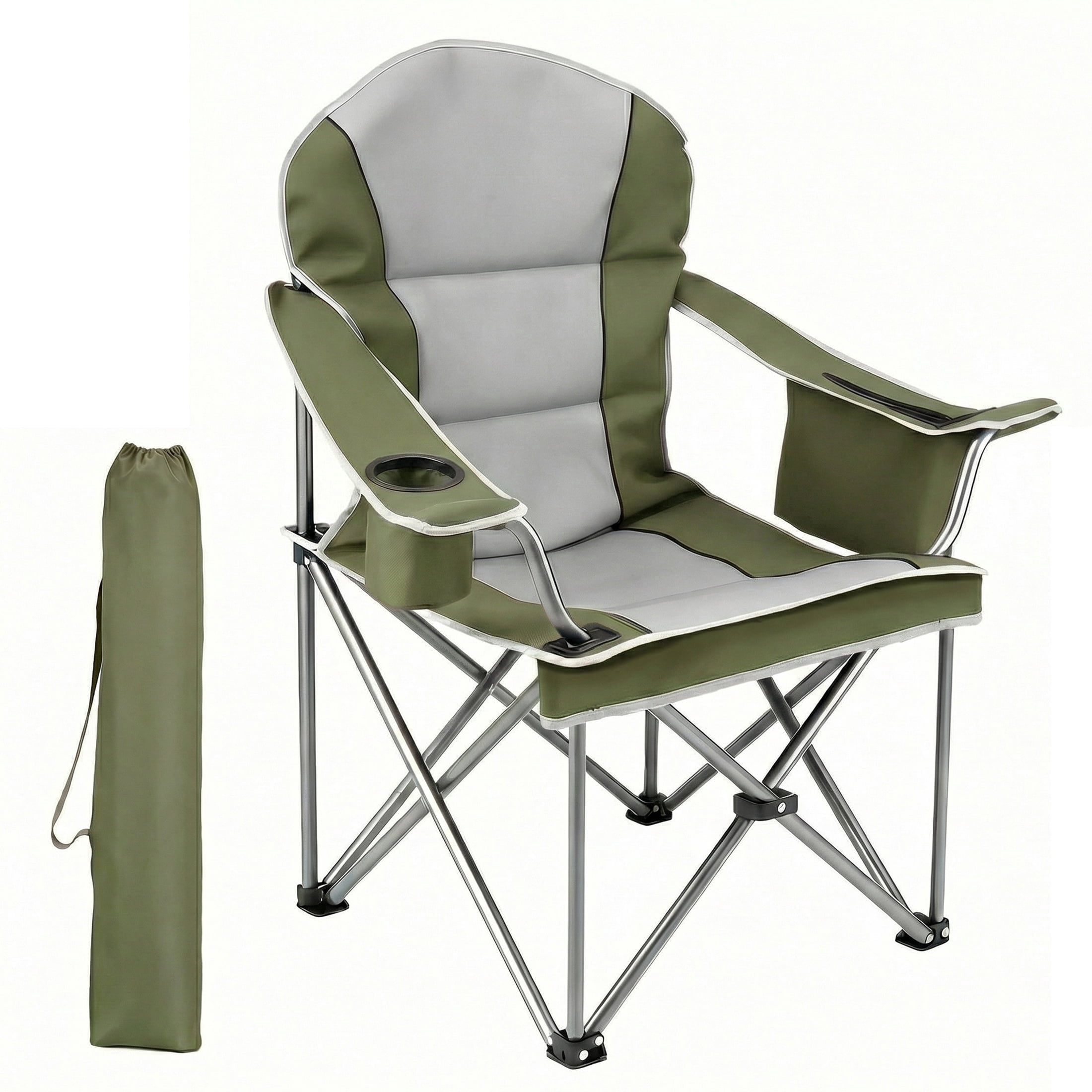 EDX Heavy Duty Camping Chair 500 lb Capacity, Oversized Extra Wide for Adults, Padded High Back Folding Lawn Chair, 500 lbs Steel Frame, Portable Outdoor Camping Chair with Cup Holder, Green