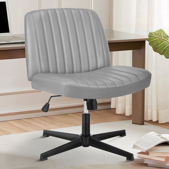 EDX PU Leather Office Chair Criss Cross Legged Chair No Wheels, Comfy Home Vanity Task Computer Chair, Gray